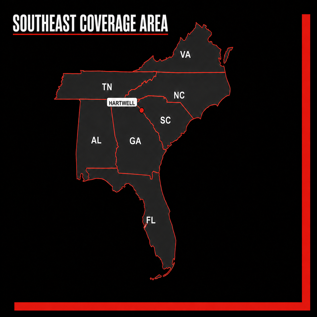 Southern Drill Supply coverage map showing Virginia, Tennessee, North Carolina, South Carolina, Georgia, Alabama and Florida, with Hartwell, Georgia marked